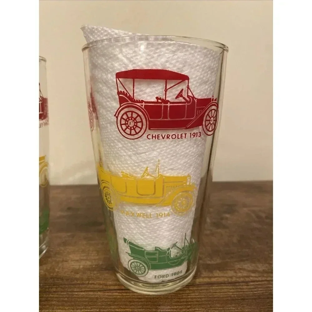Vintage Red Green Yellow Antique Cars Automobiles Drinking Glass Mid Century Mod